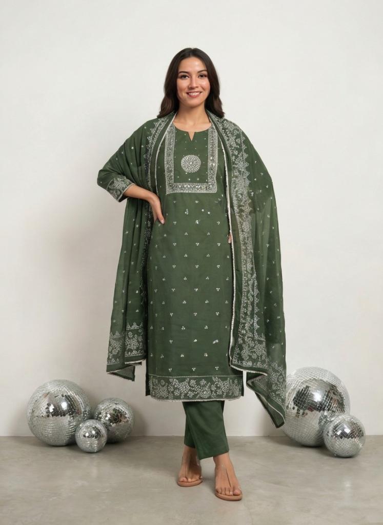 Women Dark Green Printed Cotton Kurta Pant Dupatta Set
