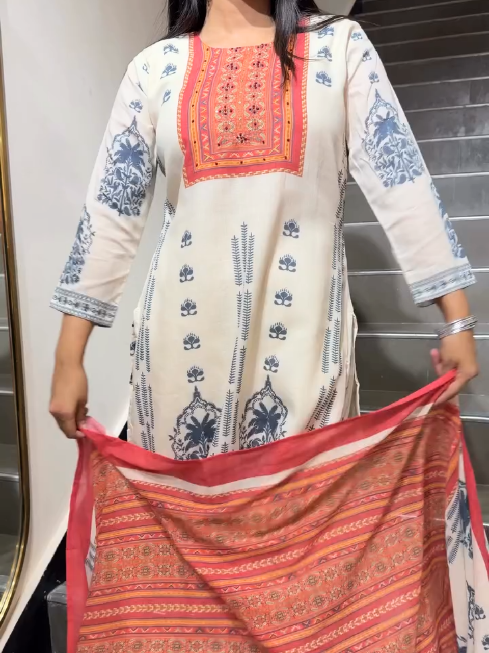 Beige Printed Ethnic Suit with Contrast Dupatta for Women