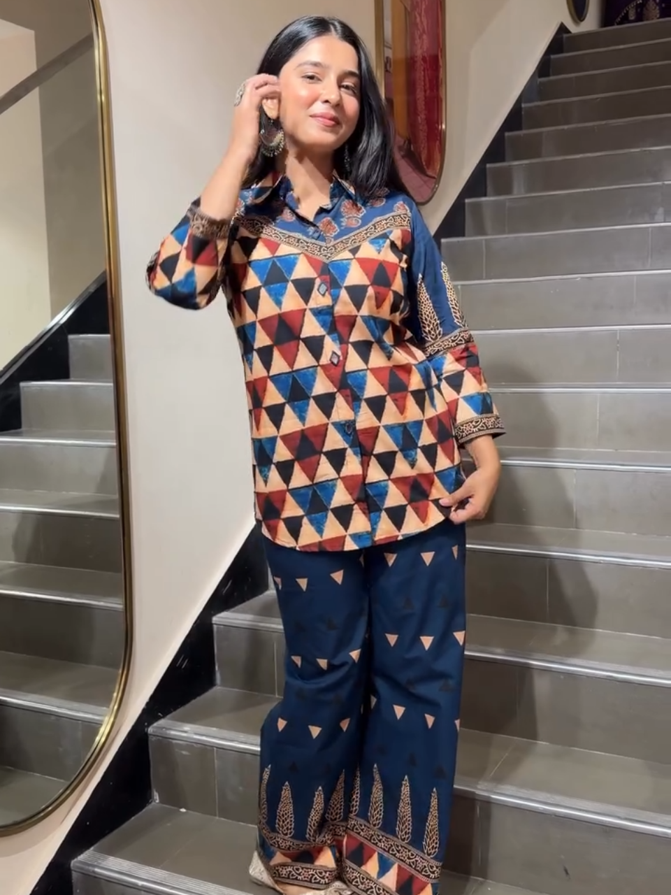 Navy Blue Geometric Printed Co-Ord Set for Women