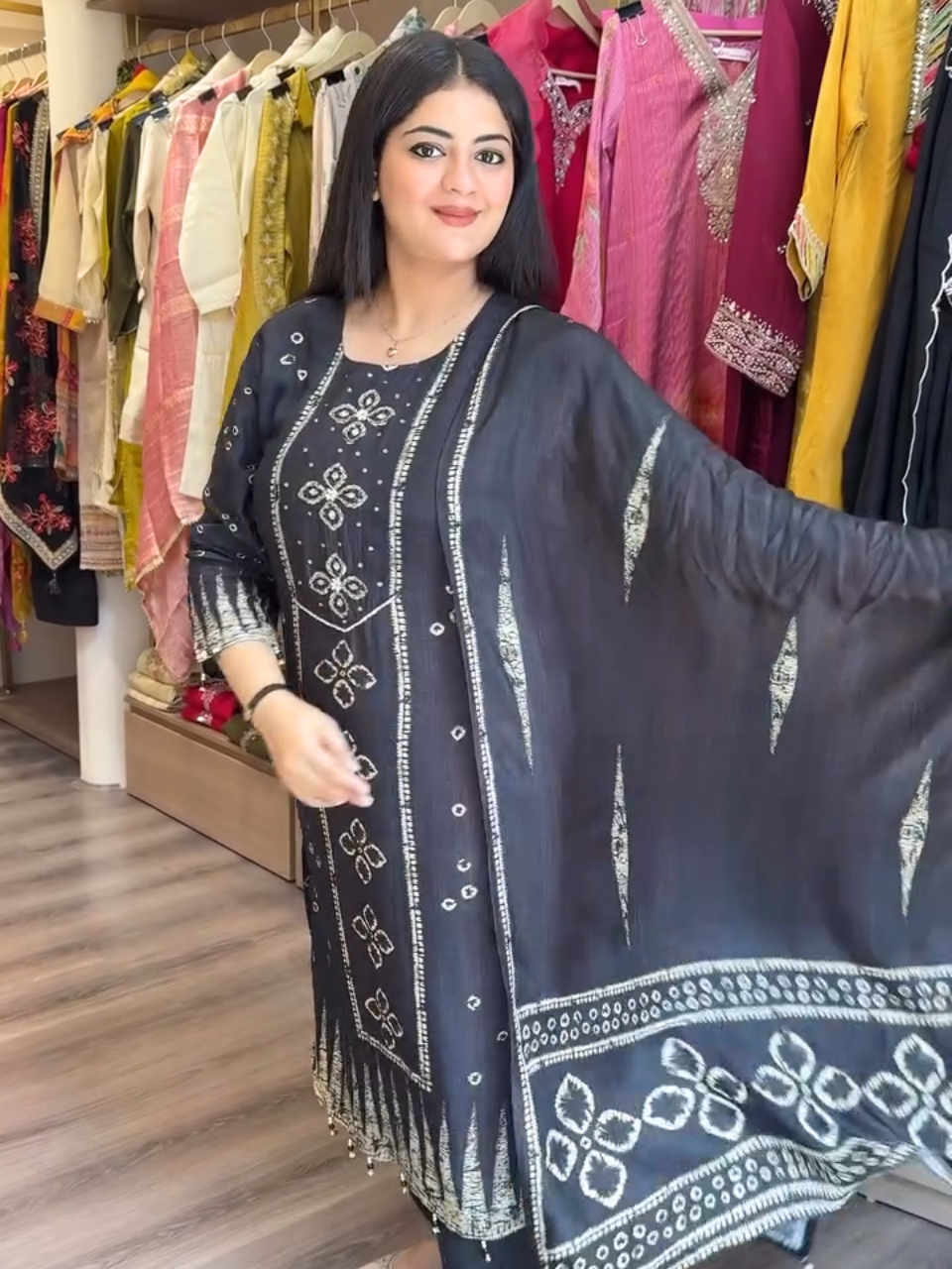Black Embroidered Ethnic Suit with Dupatta for Women