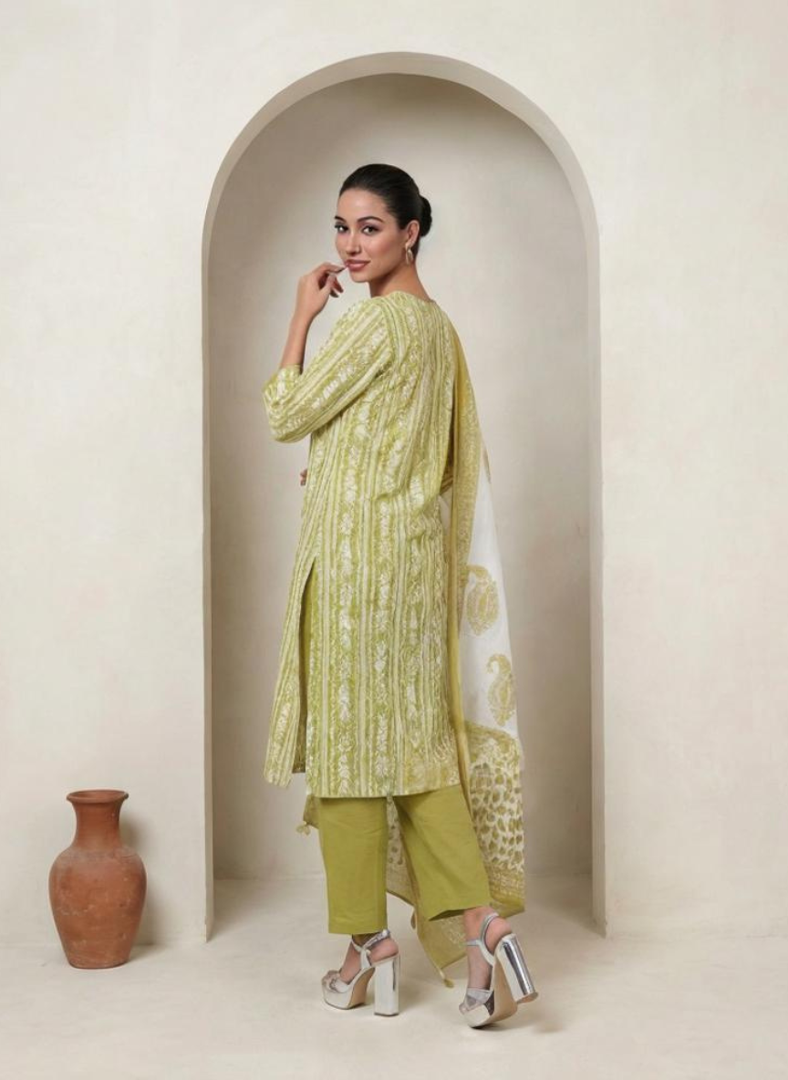 Lime Green Printed Kurta Set with Dupatta for Women | Ethnic Straight Kurti Pant Set | Summer Festive Wear