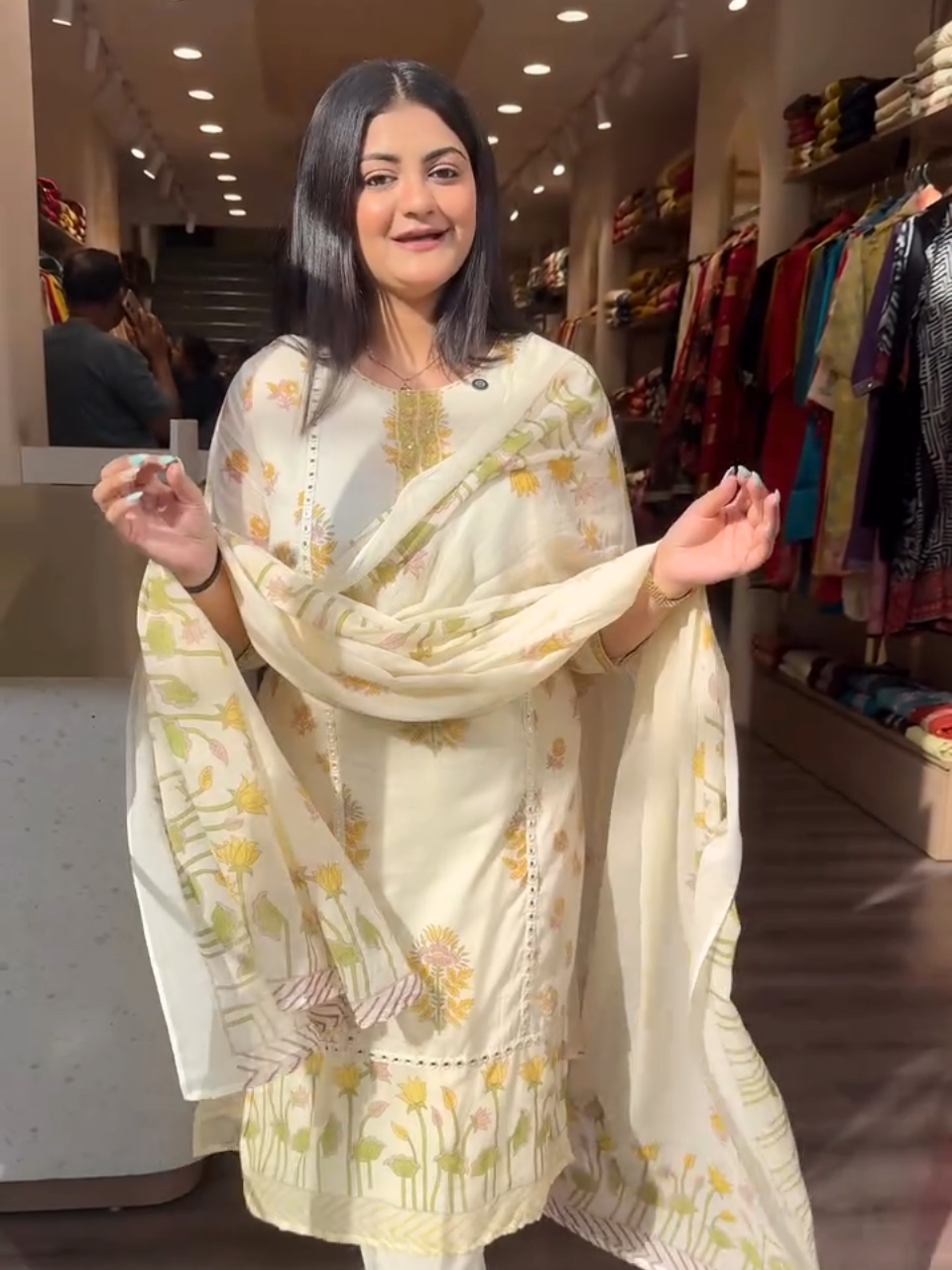 Cream Floral Printed Kurta Set with Dupatta for Women | Elegant Ethnic Wear