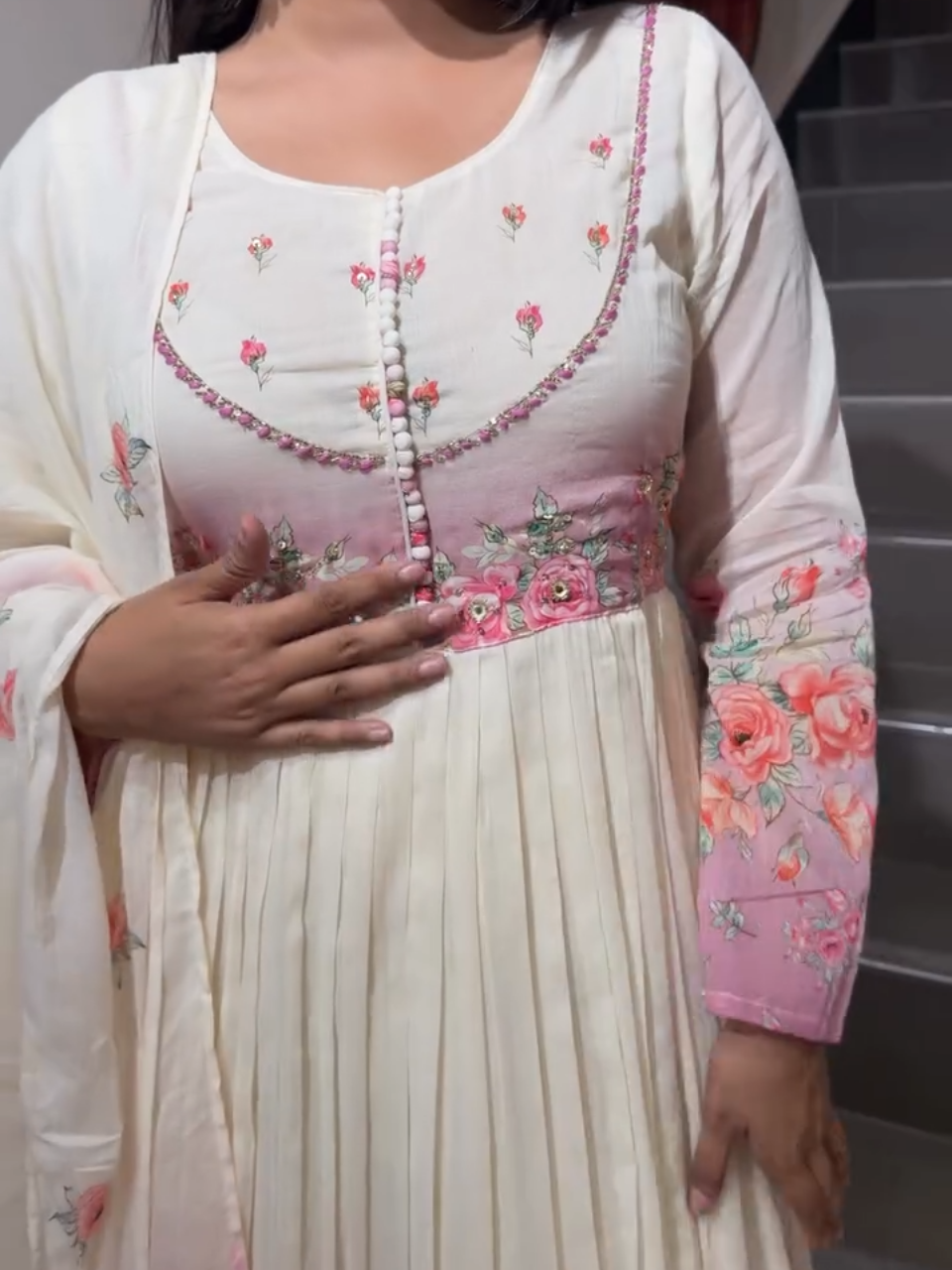 Ivory Pink Floral Anarkali Suit Set with Dupatta for Women