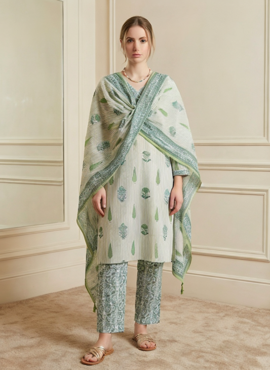 Green Cotton Printed Kurta Set with Dupatta for Women | Summer Ethnic Wear