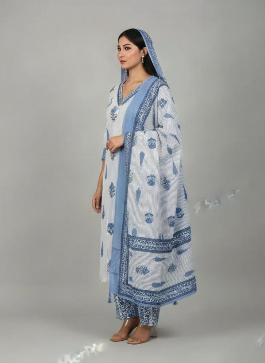 Blue Cotton Printed Kurta Set with Dupatta for Women | Summer Ethnic Wear