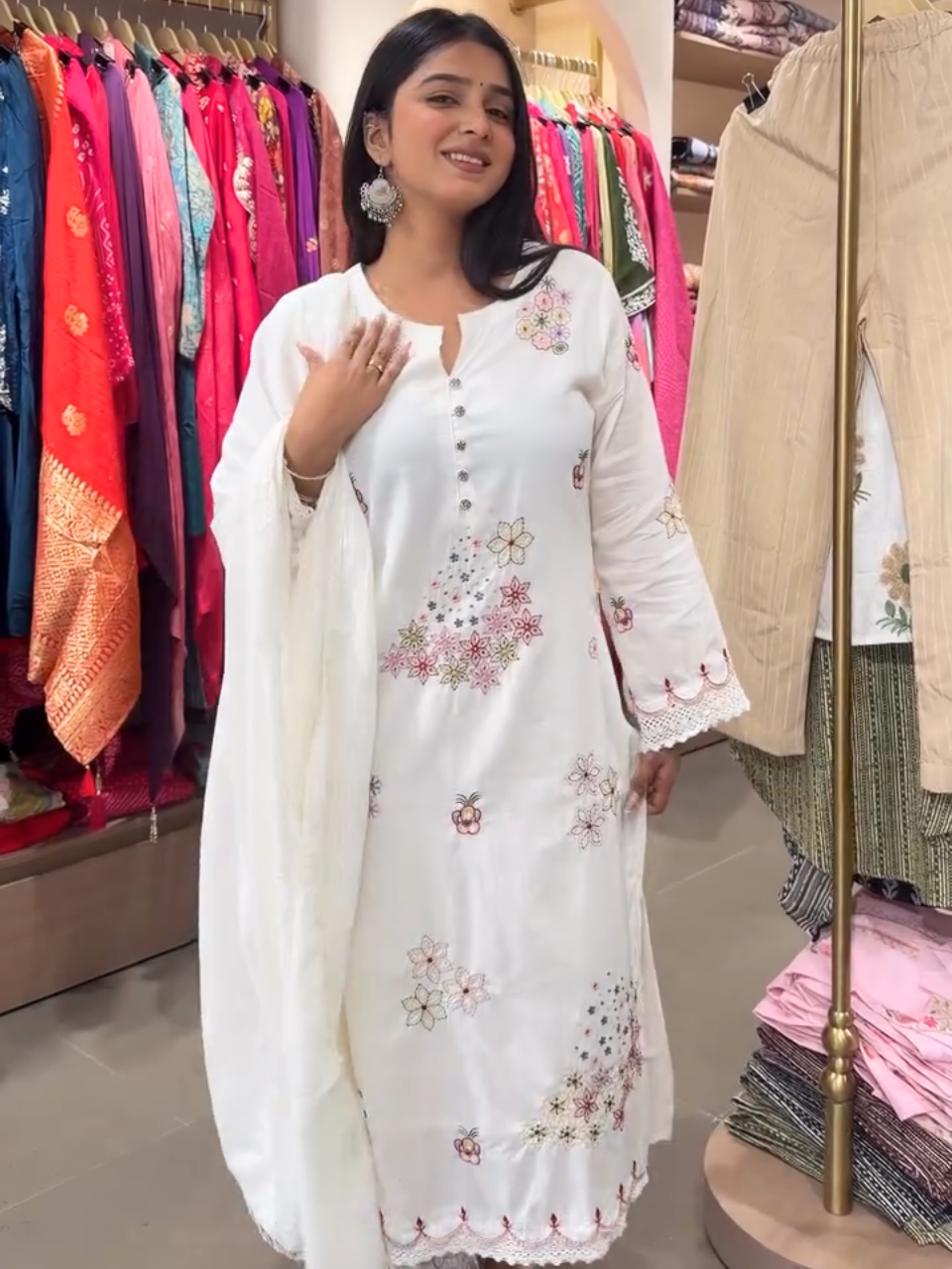 Elegant White Floral Embroidered Kurta Set with Dupatta – Women's 3 Piece Ethnic Suit Set