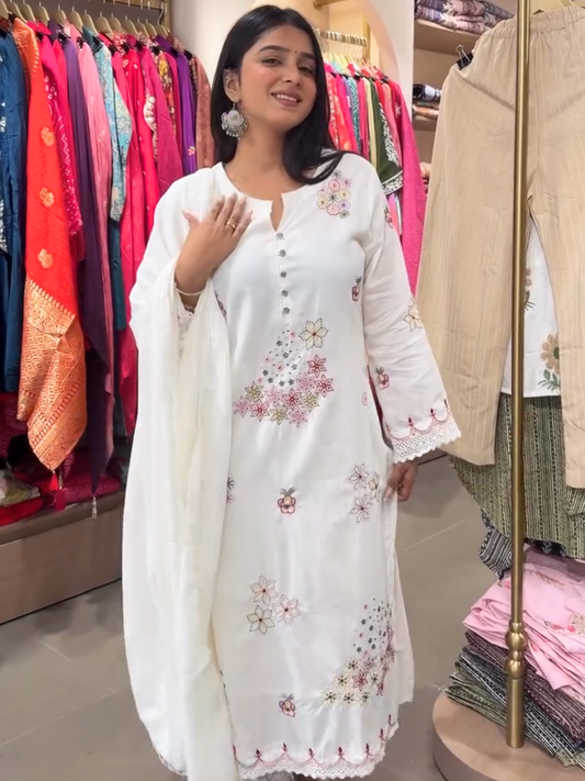 Elegant White Floral Embroidered Kurta Set with Dupatta – Women's 3 Piece Ethnic Suit Set
