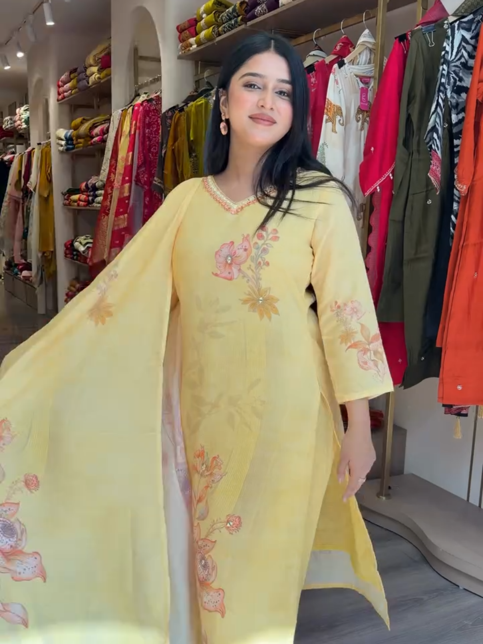 Sunshine Yellow Floral Printed Cotton Kurta Set with Dupatta for Women