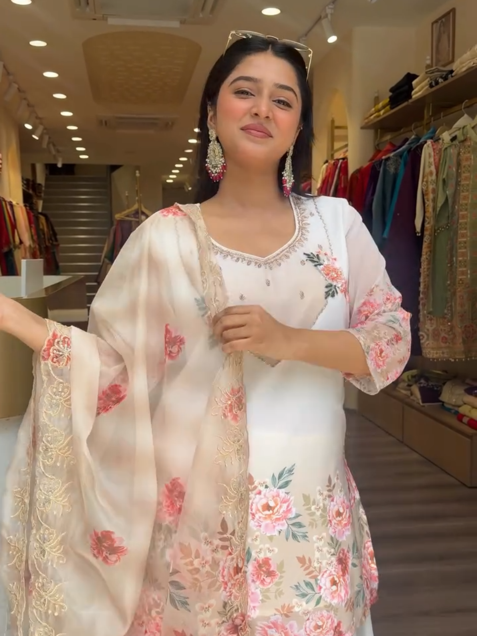 Elegant White Floral Printed Sharara Suit Set for Women