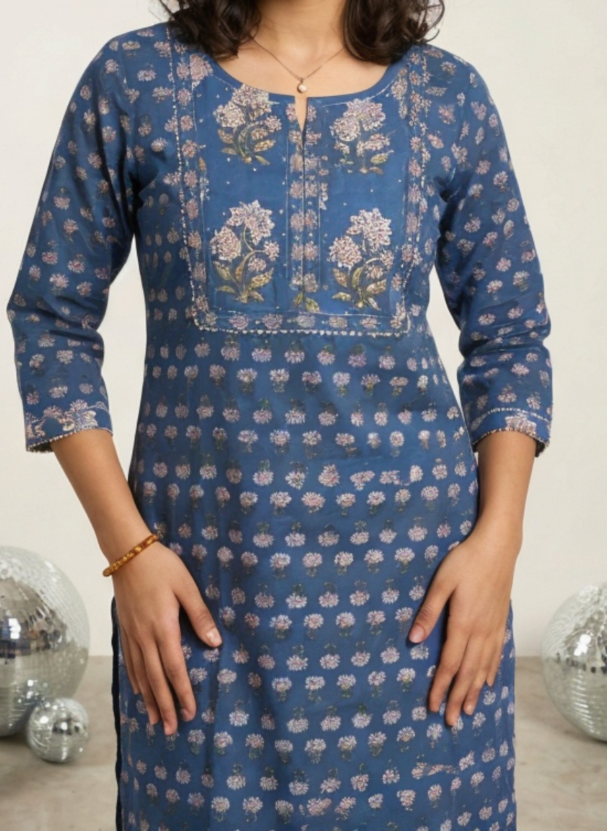 Women Blue Printed Cotton Kurta Pant Dupatta Set