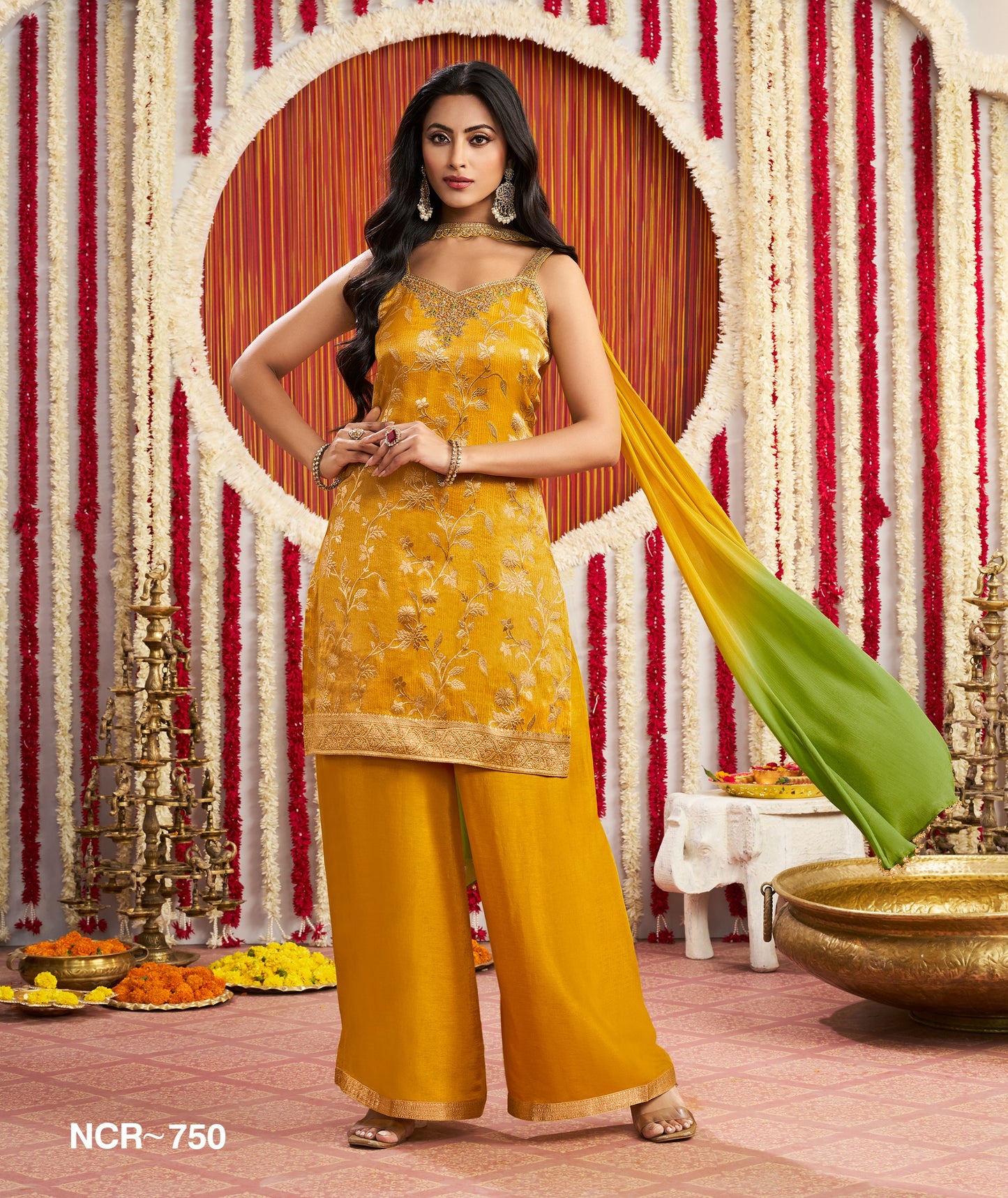 Mustard Yellow Sharara Silk Sleeveless Kurta Set with Ombre Dupatta – 3 Piece Festive Wear