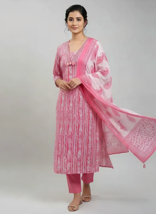 Pink Printed Kurta Set with Dupatta for Women | Ethnic Straight Kurti Pant Set | Festive & Office Wear Suit