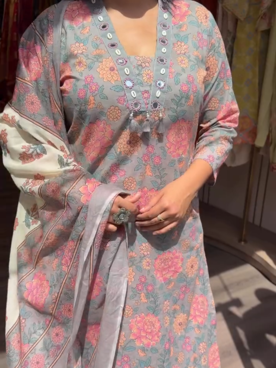 Pastel Grey Floral Printed Cotton Kurta Set with Dupatta for Women
