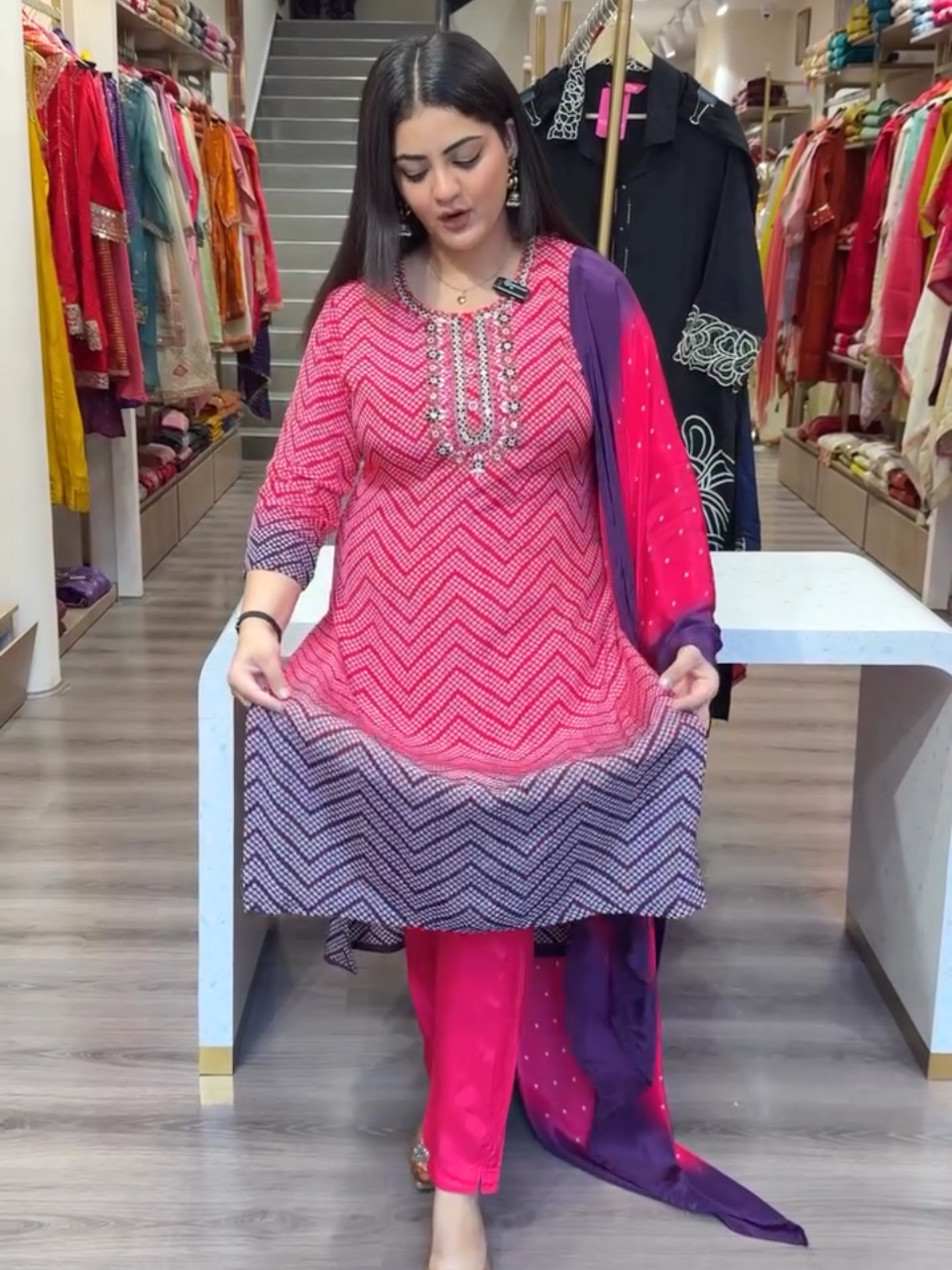 Elegant Pink & Purple Ombre Geometric Kurti with Dupatta