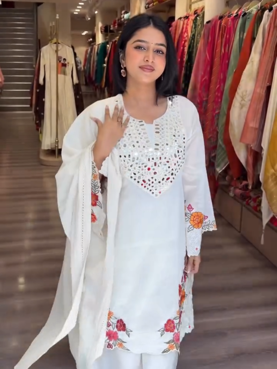 White Floral Embroidered Kurta Palazzo Set with Dupatta for Women | Elegant Ethnic Wear