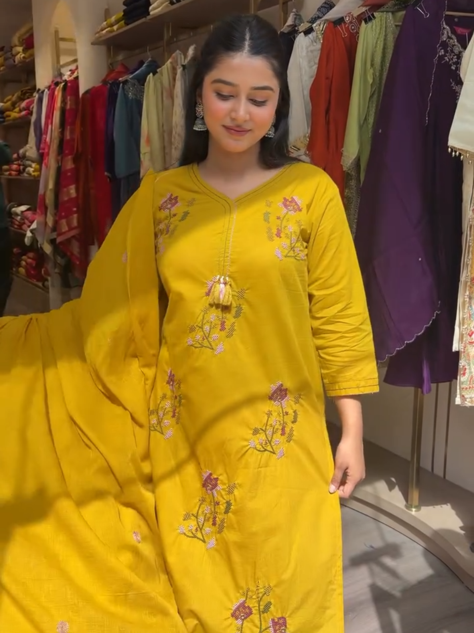Mustard Yellow Embroidered Kurta Pant Dupatta Set for Women