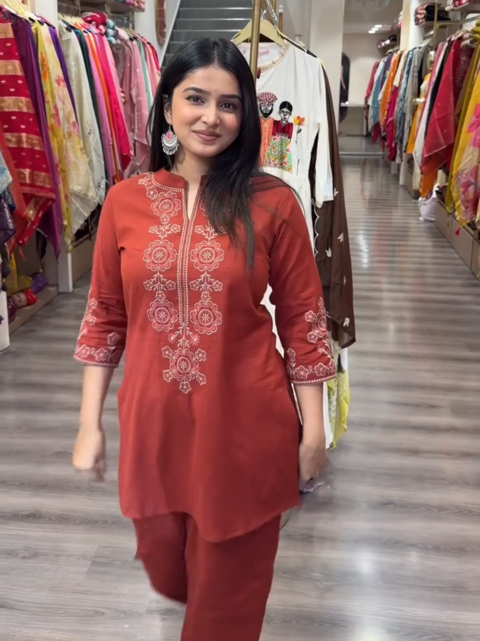 Rust Red Embroidered Kurta Pant Set for Women | Elegant Festive Ethnic Wear