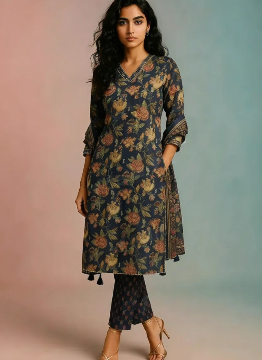 Navy Blue Floral Printed Kurta Set with Dupatta for Women | Ethnic Wear