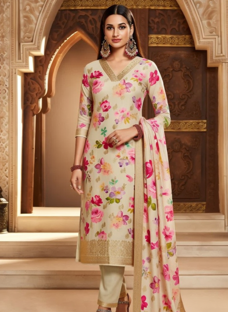 Elegant Cream Floral Print Straight Suit 3 Piece Set for Women