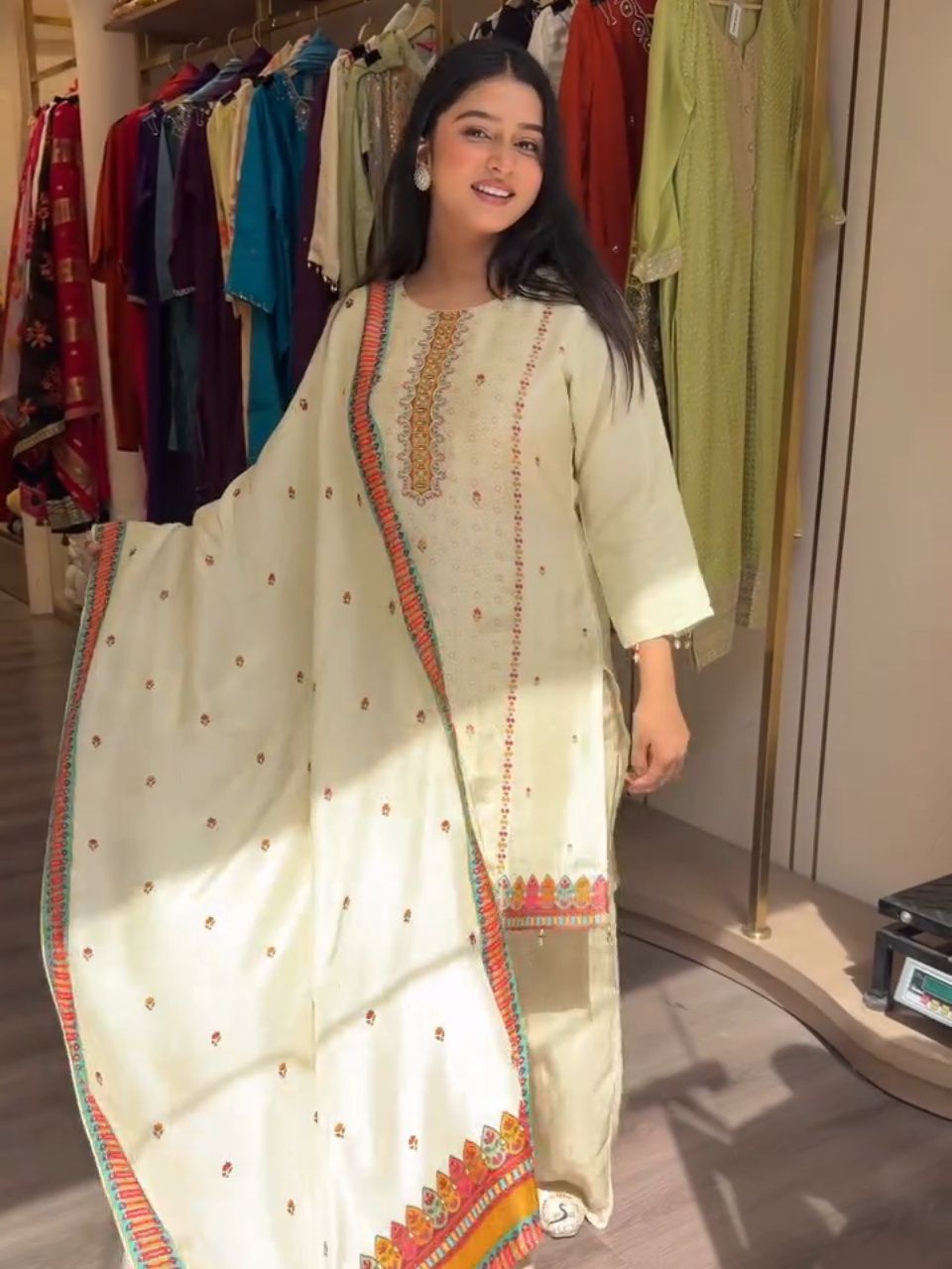 Ivory Floral Embroidered Kurta Palazzo Set with Printed Dupatta for Women