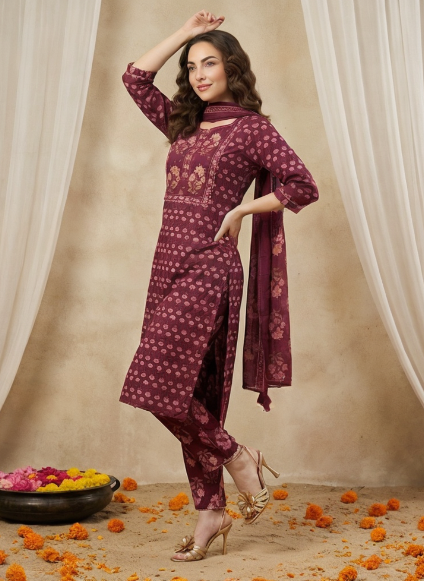 Women Maroon Printed Cotton Kurta Pant Dupatta Set