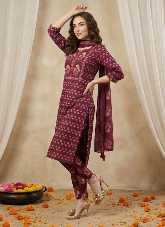Women Maroon Printed Cotton Kurta Pant Dupatta Set