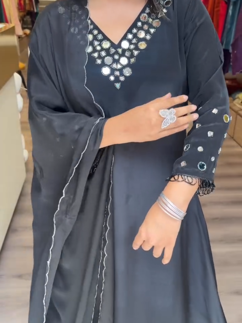 Elegant Black Mirror Work Kurta Set with Dupatta for Women