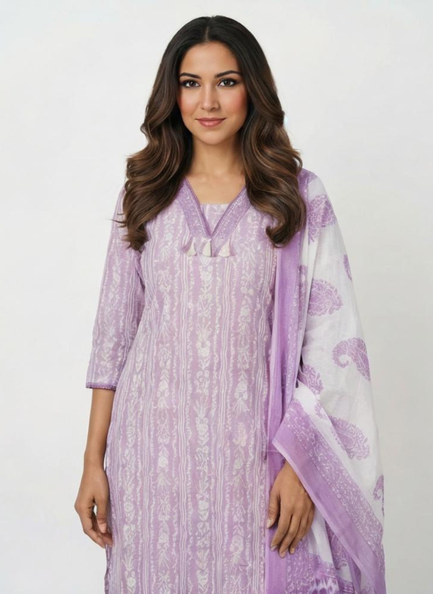 Lavender Printed Kurta Set with Dupatta for Women | Elegant Ethnic Kurti Pant Set | Festive & Office Wear