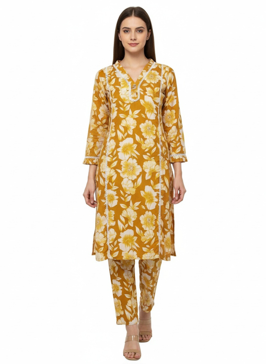 Women’s Mustard Yellow Floral Cotton Co-ord Set – Kurti & Pant