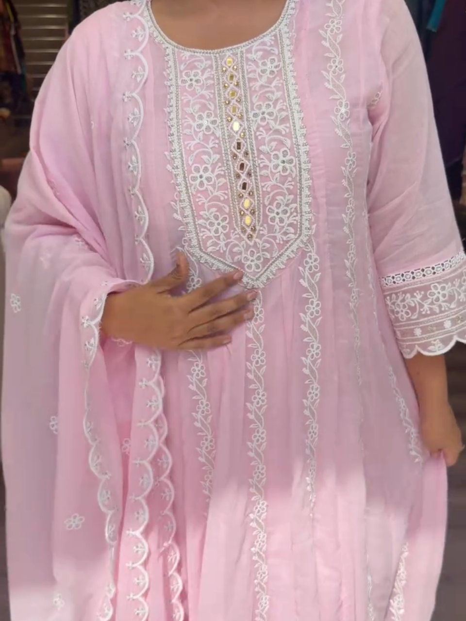 Baby Pink Embroidered Anarkali Suit with Dupatta for Women