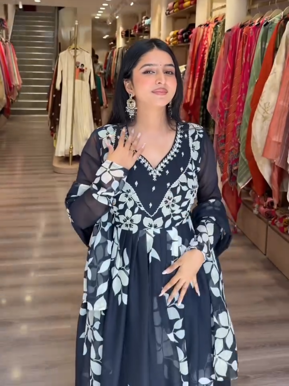 Black Floral Printed Anarkali Gown for Women | Elegant Flowy Party Wear Ethnic Dress