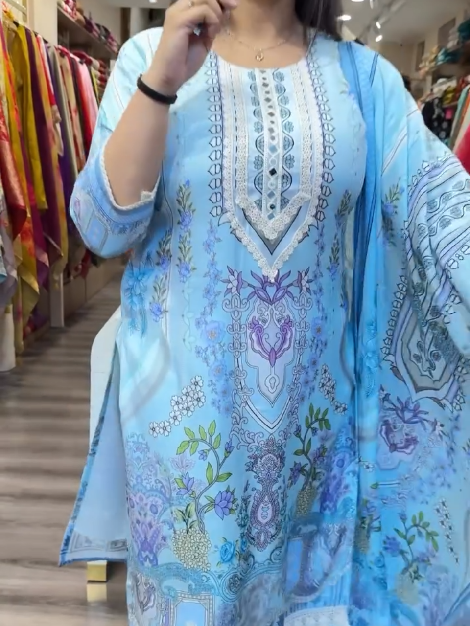 Women Sky Blue Printed Kurta Pant Set with Dupatta | Elegant Ethnic Wear