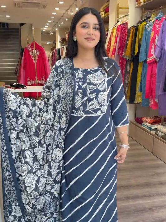 Midnight Blue Floral Printed Kurta Set with Statement Dupatta – Women's 3 Piece Ethnic Suit Set