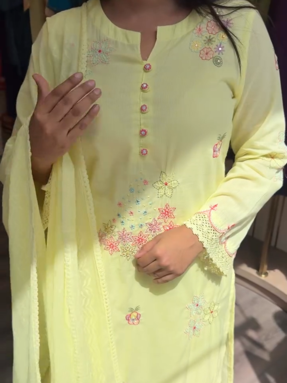 Pastel Yellow Floral Embroidered Kurta Pant Set with Dupatta for Women
