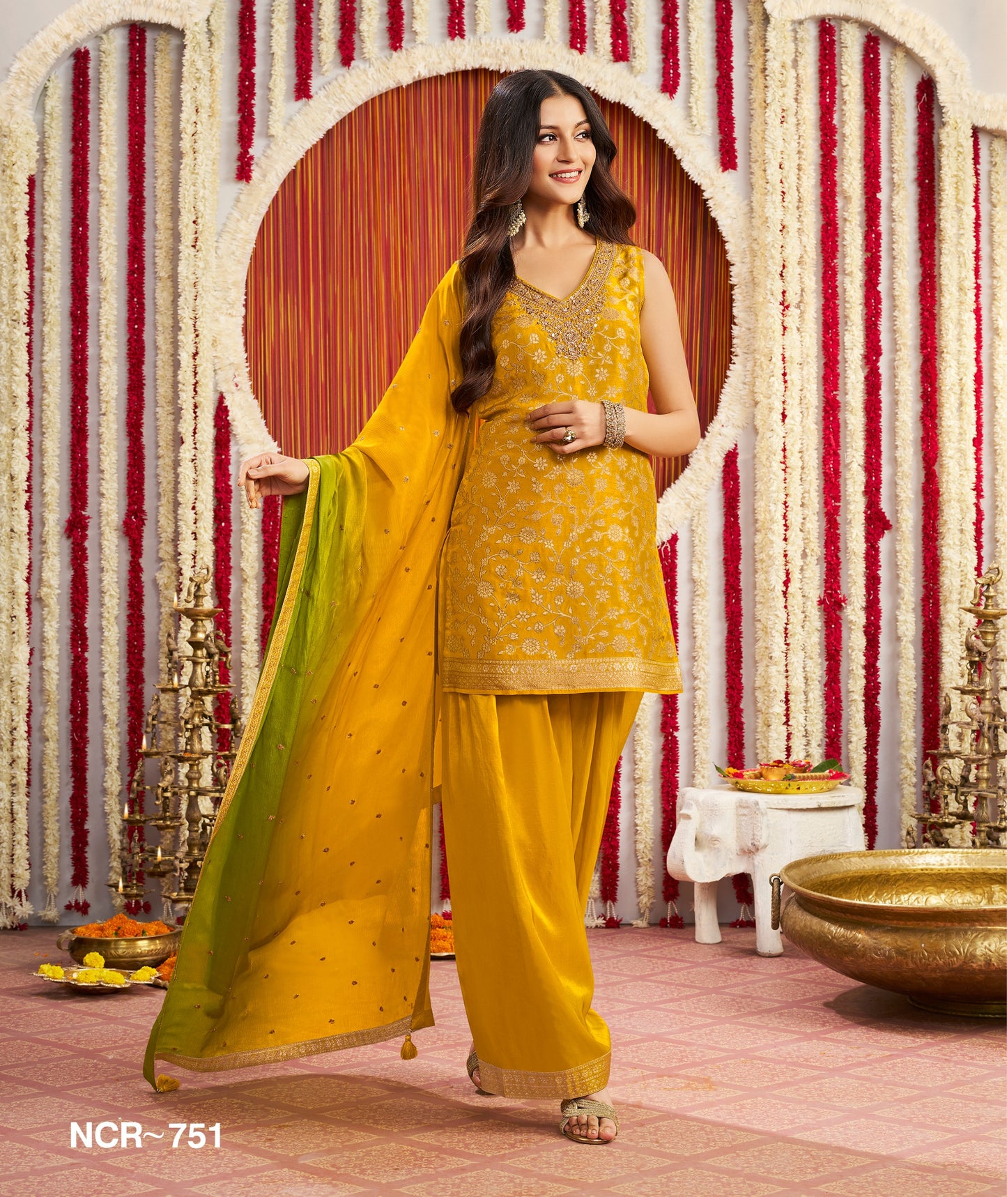 Mustard Yellow Embroidered Sharara Suit with Ombre Dupatta – 3 Piece Festive Wear