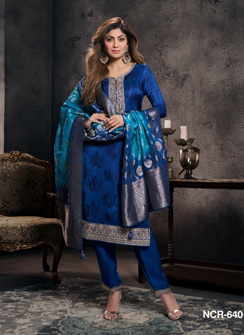 Royal Blue Silk Straight Suit 3 Piece Set for Women