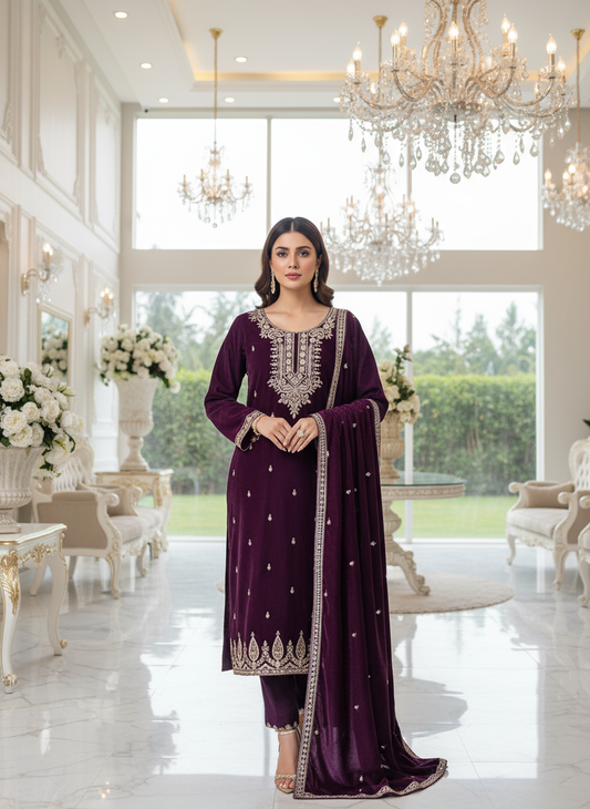 Royal Purple Velvet Embroidered Kurta Set with Golden Zari and Stone Work – Luxury Festive Wear