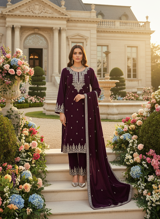 Royal Purple Velvet Embroidered Kurta Set with Golden Zari and Stone Work – Luxury Festive Wear