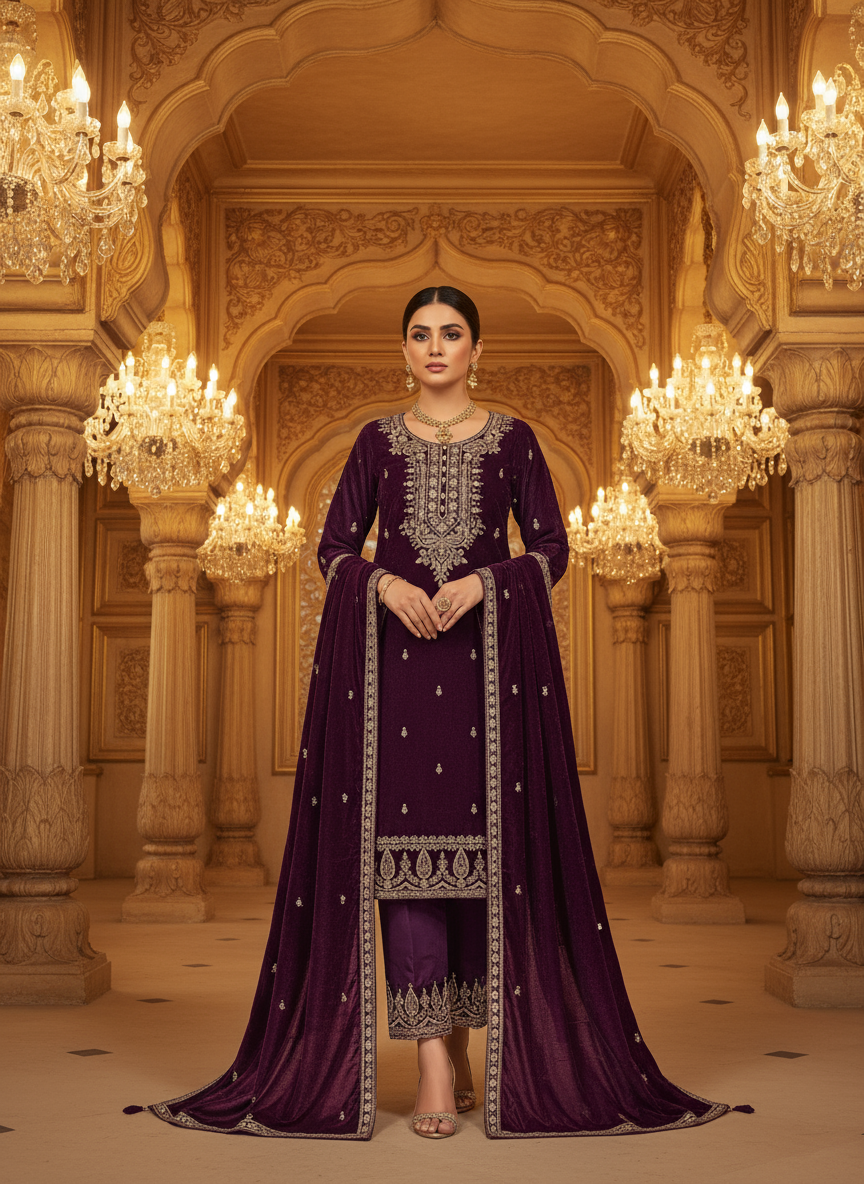 Royal Purple Velvet Embroidered Kurta Set with Golden Zari and Stone Work – Luxury Festive Wear