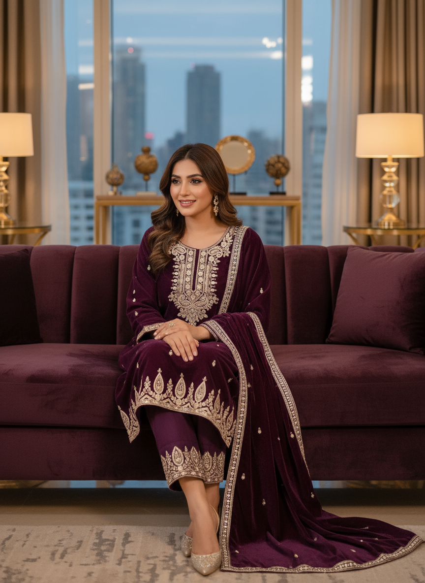 Royal Purple Velvet Embroidered Kurta Set with Golden Zari and Stone Work – Luxury Festive Wear