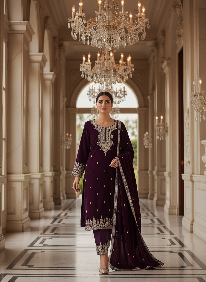 Royal Purple Velvet Embroidered Kurta Set with Golden Zari and Stone Work – Luxury Festive Wear