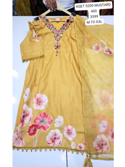 Mustard Floral Printed Kurta Set with Dupatta for Women