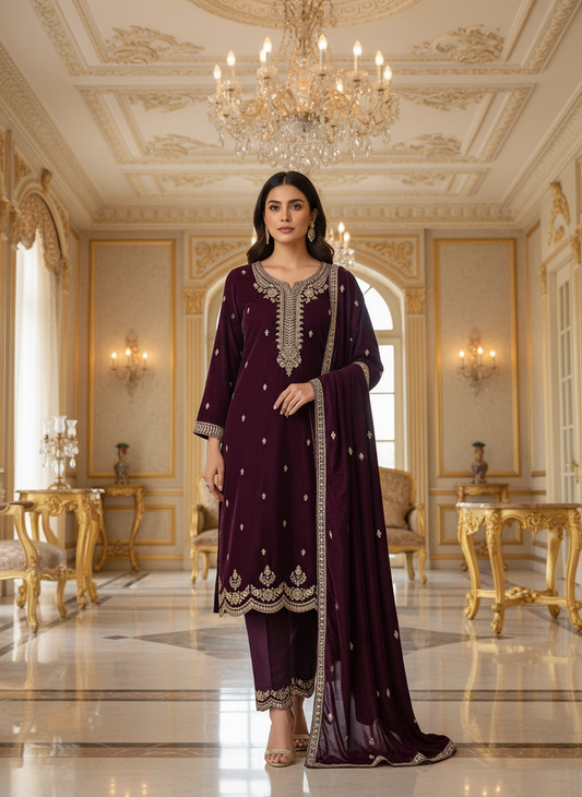Majestic Wine Velvet Embroidered Kurta Set with Silver Zari Detailing – Premium Festive Collection