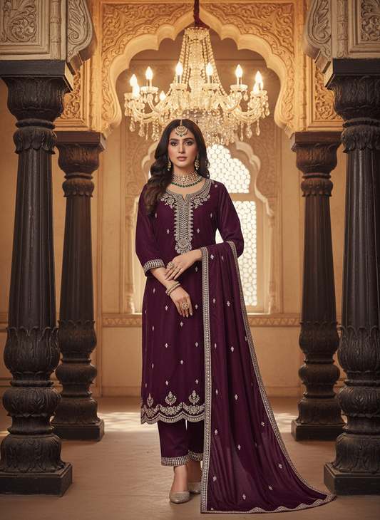 Majestic Wine Velvet Embroidered Kurta Set with Silver Zari Detailing – Premium Festive Collection