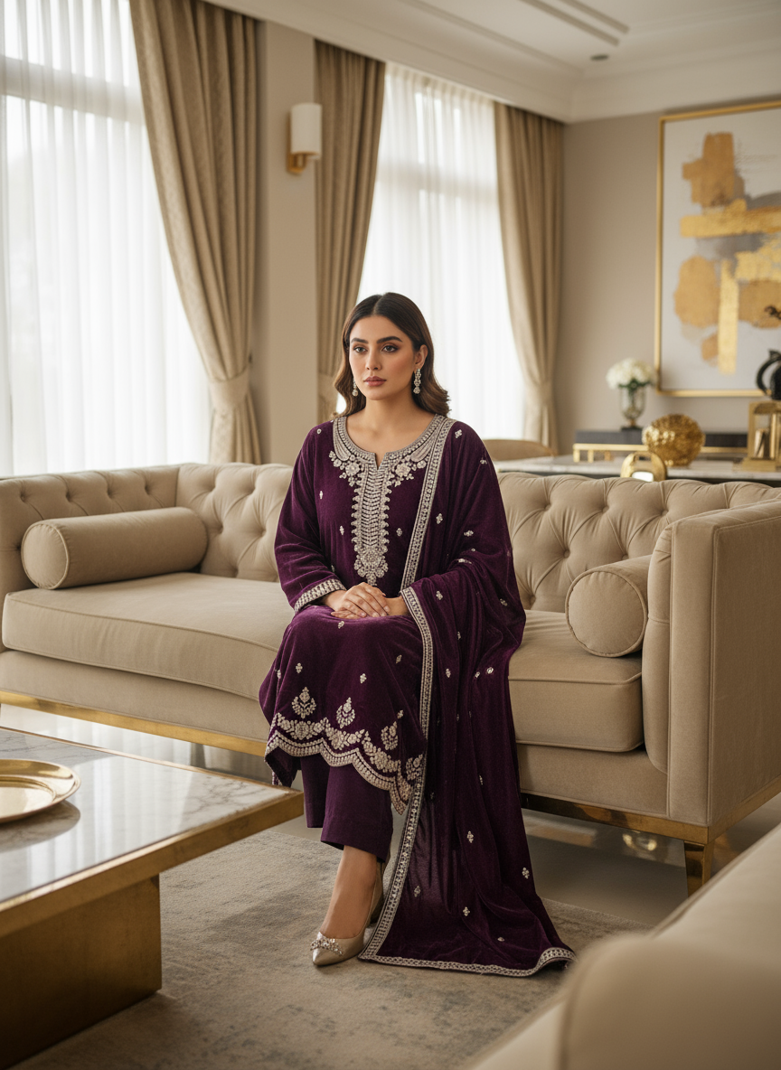 Majestic Wine Velvet Embroidered Kurta Set with Silver Zari Detailing – Premium Festive Collection