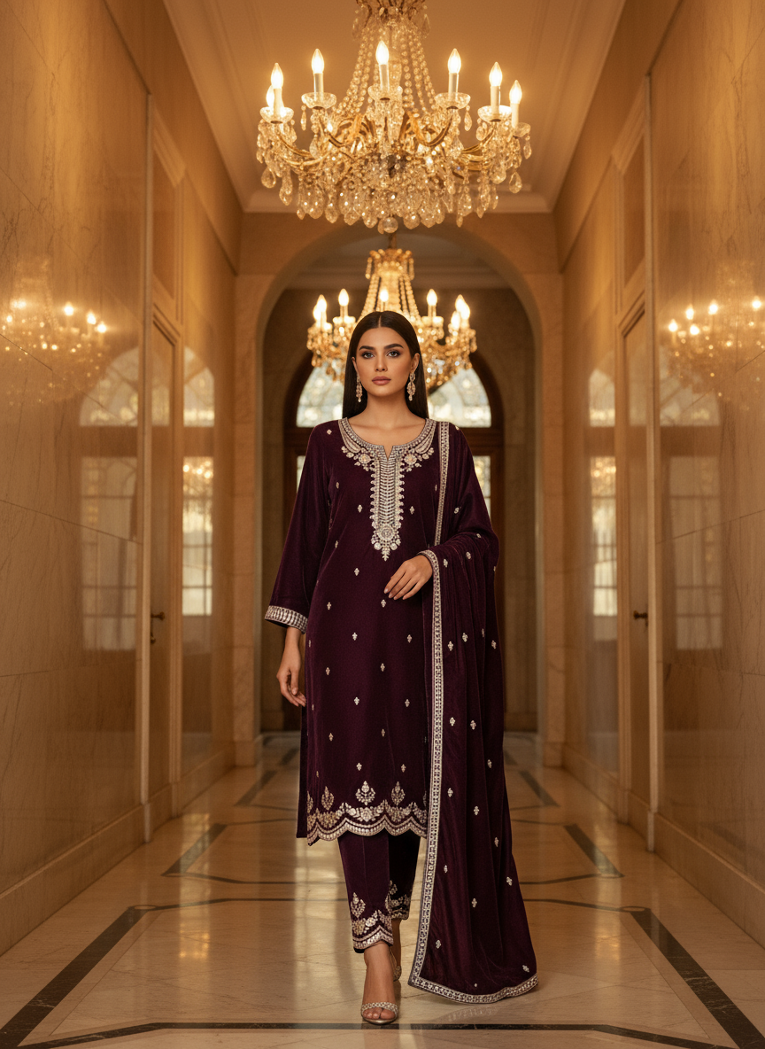 Majestic Wine Velvet Embroidered Kurta Set with Silver Zari Detailing – Premium Festive Collection