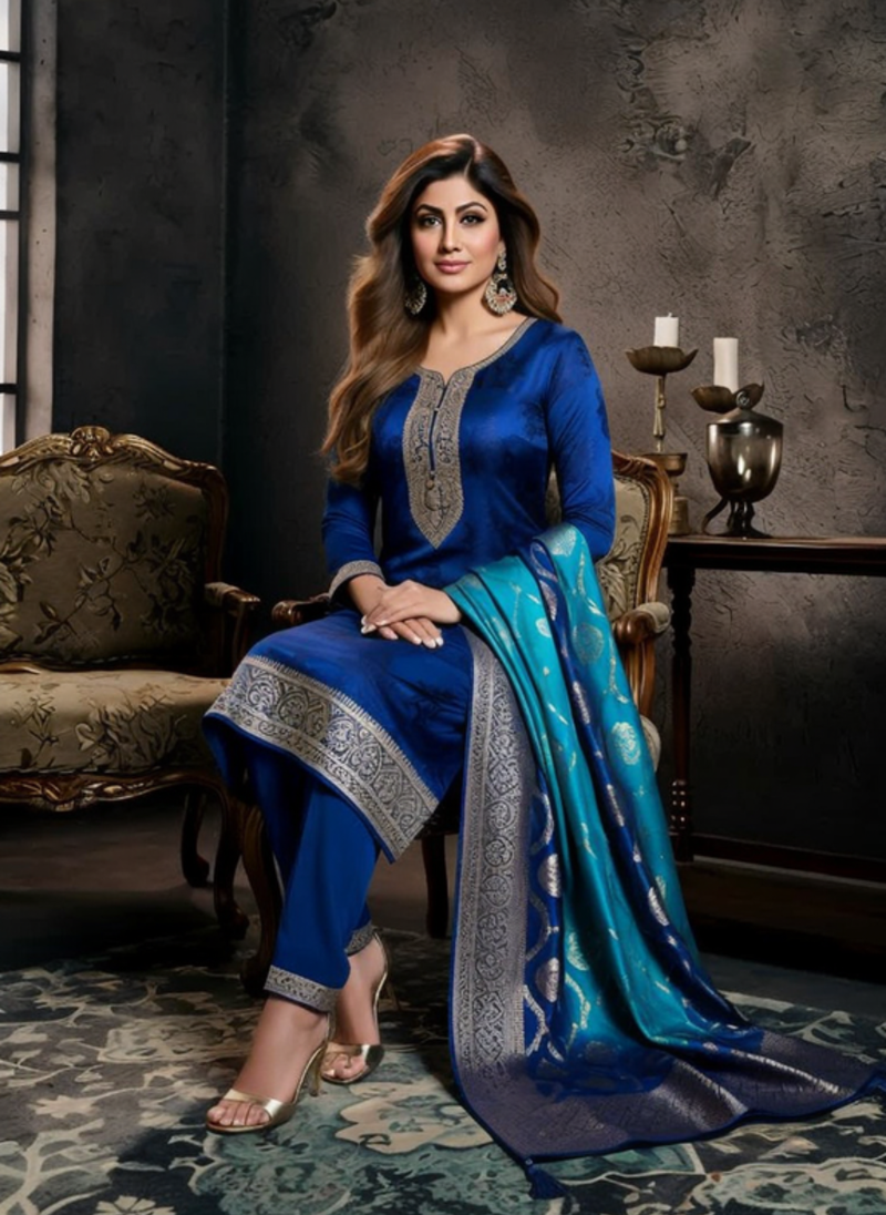 Royal Blue Silk Straight Suit 3 Piece Set for Women