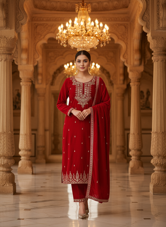 Royal Red Velvet Embroidered Kurta Set with Golden Zari Work – Luxe Festive & Wedding Collection