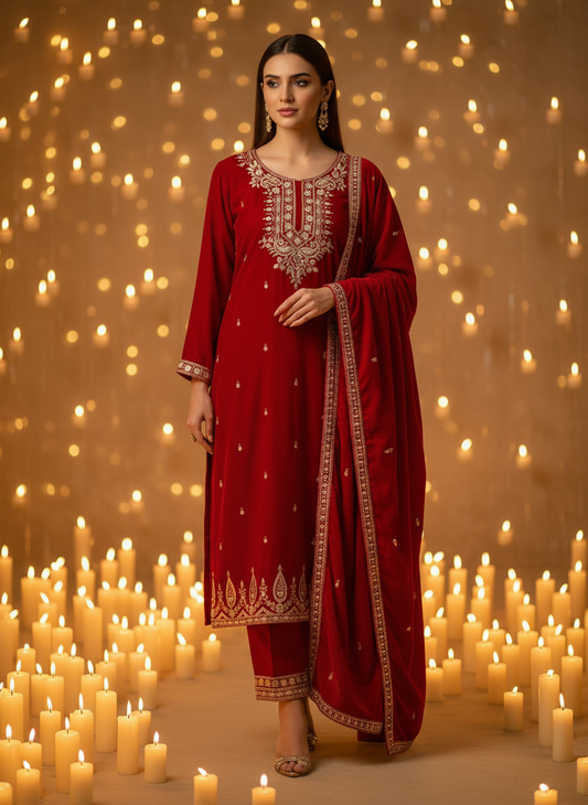 Royal Red Velvet Embroidered Kurta Set with Golden Zari Work – Luxe Festive & Wedding Collection