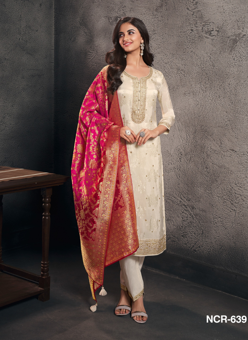 Off White Silk Straight Suit with Pink Woven Dupatta – 3 Piece Set